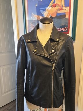 AllSaints Colwick Vintage Inspired Lamb Skin Leather Biker Moto Jacket Womens 10